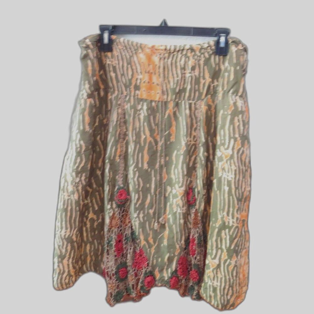 Hale Bob Vintage Y2K Boho Silk Skirt w/Crochet insets Olive/Orange M EUC - Picture 2 of 7